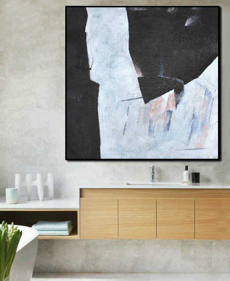 Handmade Large Painting,Hand-Painted Oversized Minimal Black And White Painting,Large Canvas Art